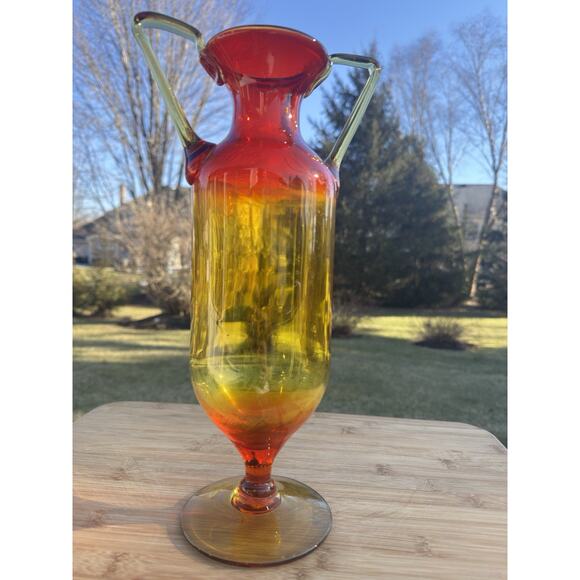Vintage MCM Blenko Art Glass Amberina Tangerine Vase With Handles -13.75" Tall - Picture 7 of 8